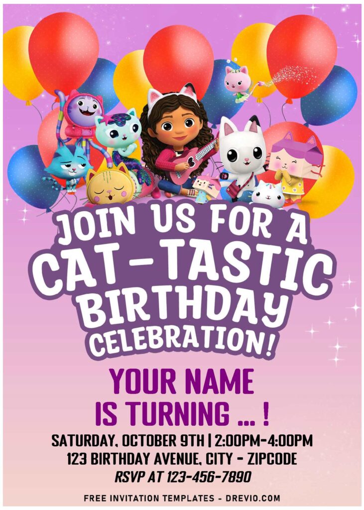 (Free Editable PDF) CAT-TASTIC Gabby's Dollhouse Birthday Invitation Templates with colorful balloons