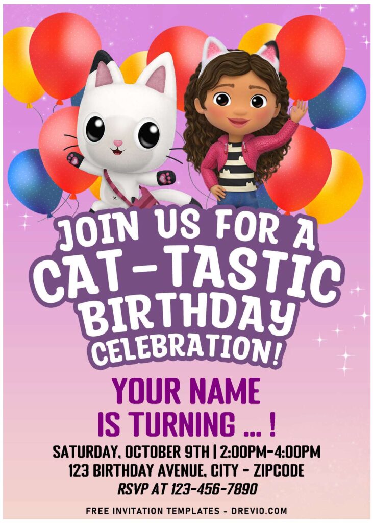 (Free Editable PDF) CAT-TASTIC Gabby's Dollhouse Birthday Invitation Templates with DJ Catnip