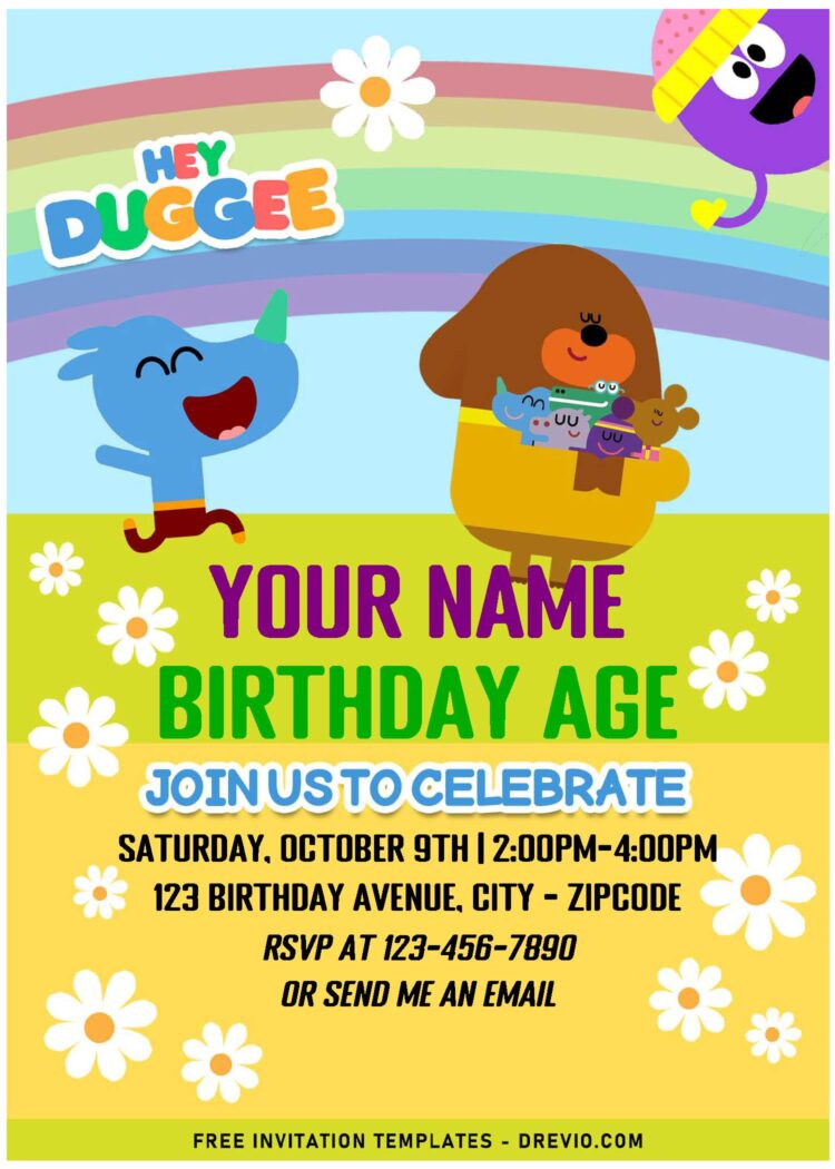 (Free Editable PDF) Rainbow Daisy Hey Duggee Birthday Invitation ...