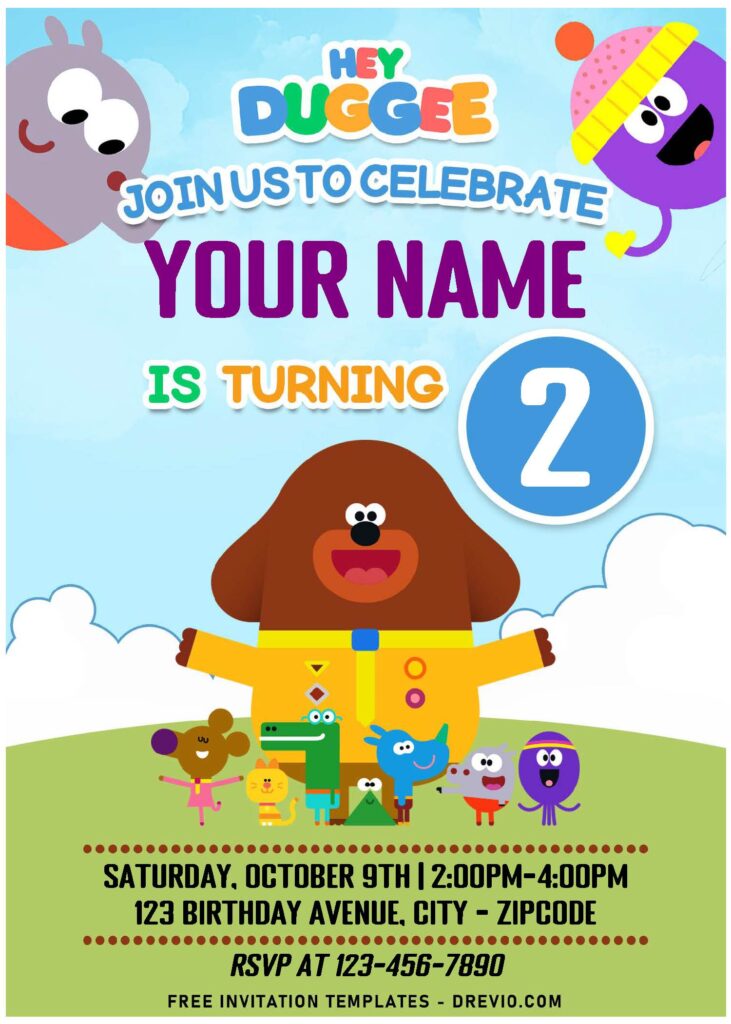 (Free Editable PDF) Whoof Whoof Hey Duggee Birthday Invitation Templates with cute cartoon garden background