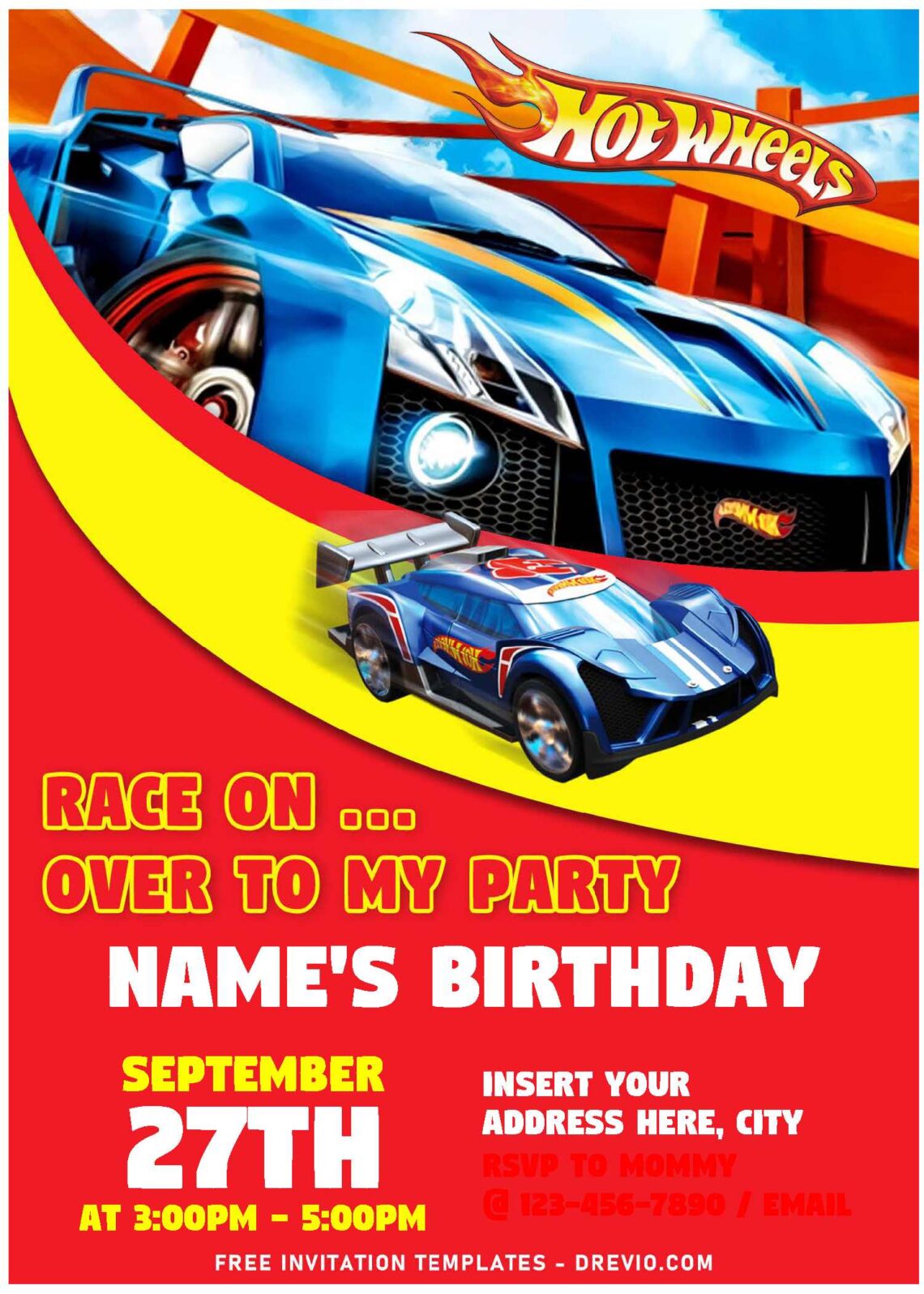 (Free Editable PDF) Hot Wheels Wild Racer Birthday Invitation Templates with racing red and yellow stripes