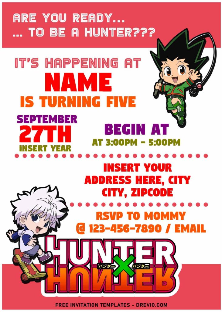 (Free Editable PDF) Cool Anime Hunter X Hunter Birthday Invitation Templates with chibi Killua and Gon anime