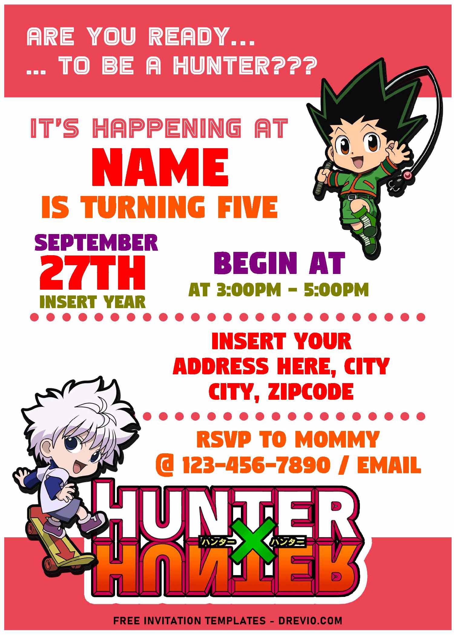 Free Editable PDF Hunter X Hunter Anime Birthday Invitation Templates