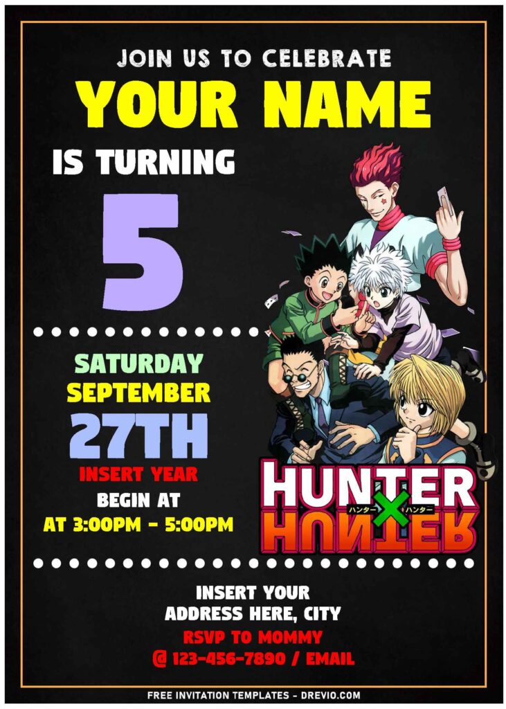 (Free Editable PDF) Cool Anime Hunter X Hunter Birthday Invitation Templates with chalkboard background