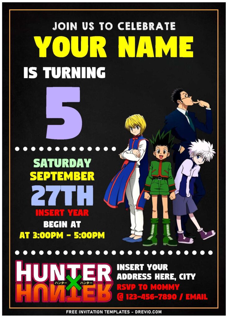 (Free Editable PDF) Cool Anime Hunter X Hunter Birthday Invitation Templates with chalkboard design