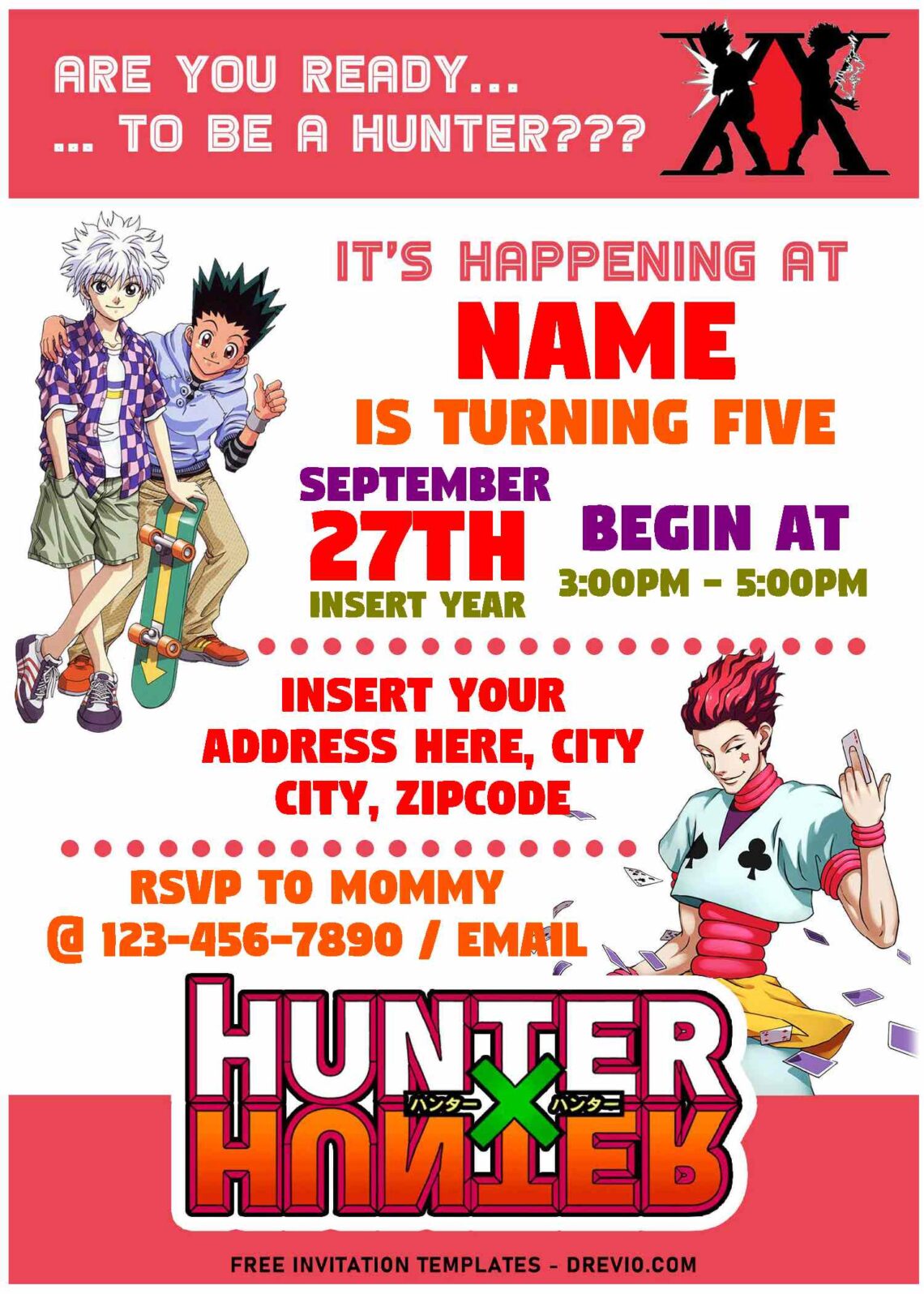 (Free Editable PDF) Cool Anime Hunter X Hunter Birthday Invitation Templates with cute pink header and footer