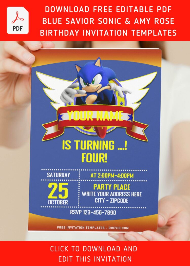 (Free Editable PDF) Blue Savior Sonic & Amy Rose Birthday Invitation ...