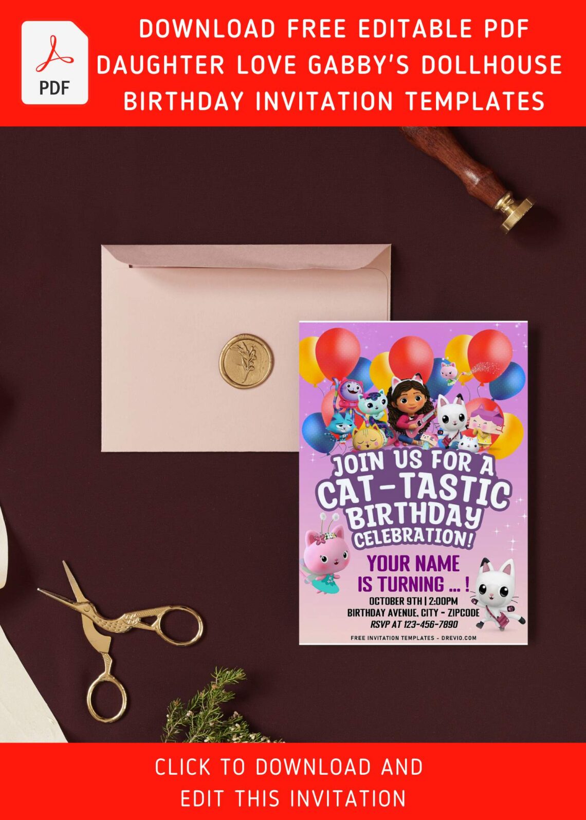 (Free Editable PDF) CAT-TASTIC Gabby's Dollhouse Birthday Invitation Templates with cute wording