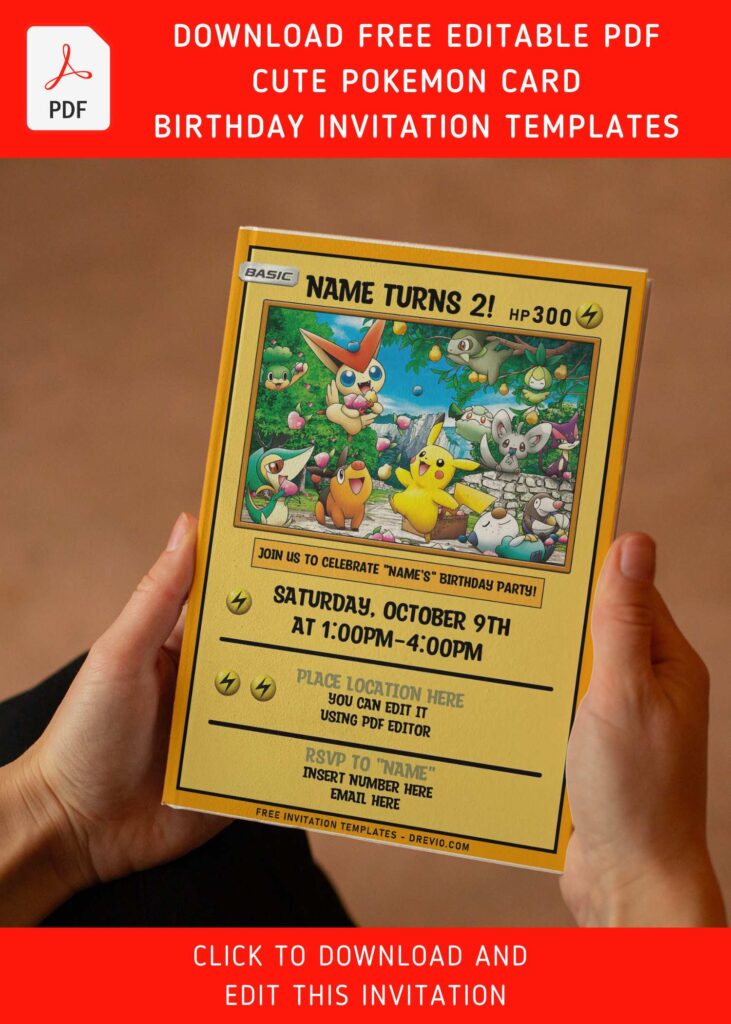 (Free Editable PDF) Cute And Awesome Pokemon Kids Birthday Party Invitation Templates with cute Snorlax