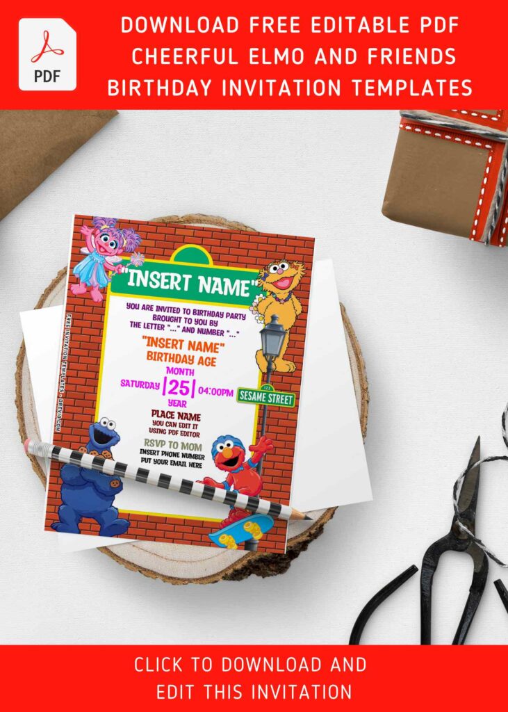 (Free Editable PDF) Love Is Friendship Sesame Street Birthday Invitation Templates with brick wall background