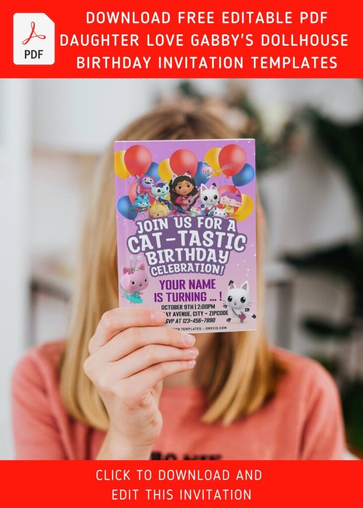 (Free Editable PDF) CAT-TASTIC Gabby's Dollhouse Birthday Invitation Templates with colorful text