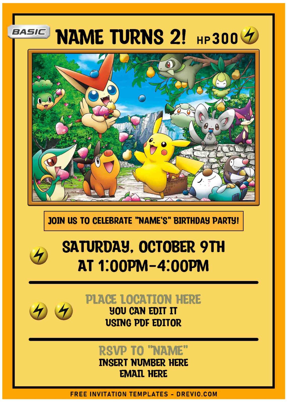 (Free Editable PDF) Cute And Awesome Pokemon Kids Birthday Party Invitation Templates with awesome Pokemon card design