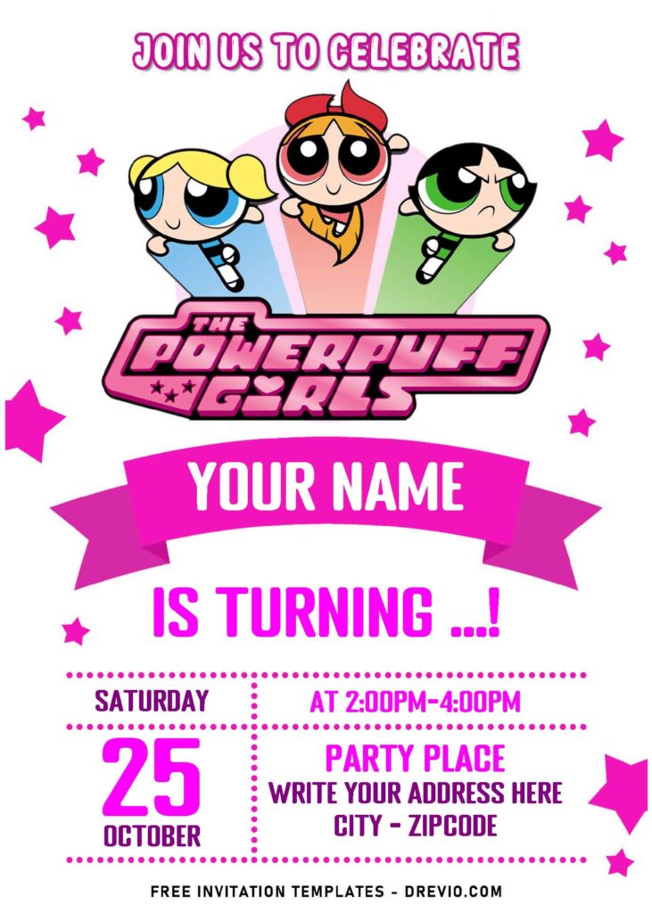 (Free Editable PDF) Powerpuff Girls Birthday Invitation Templates with adorable pink stars