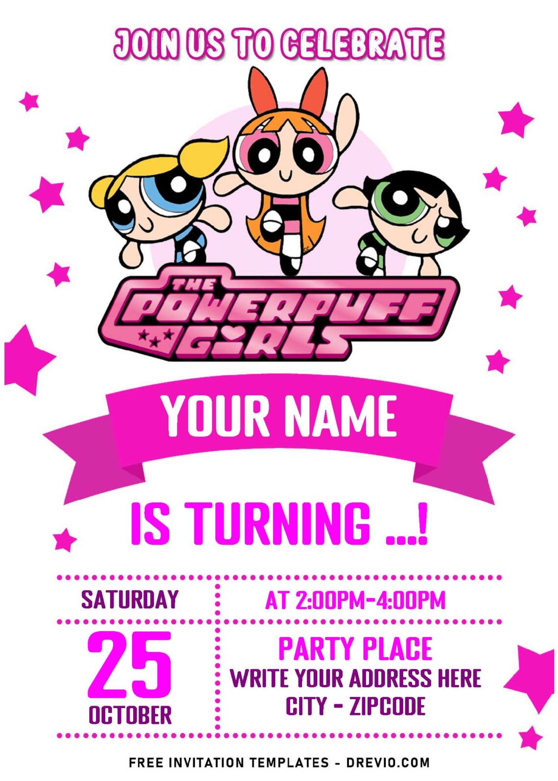 (Free Editable PDF) Powerpuff Girls Birthday Invitation Templates with cute pink ribbon
