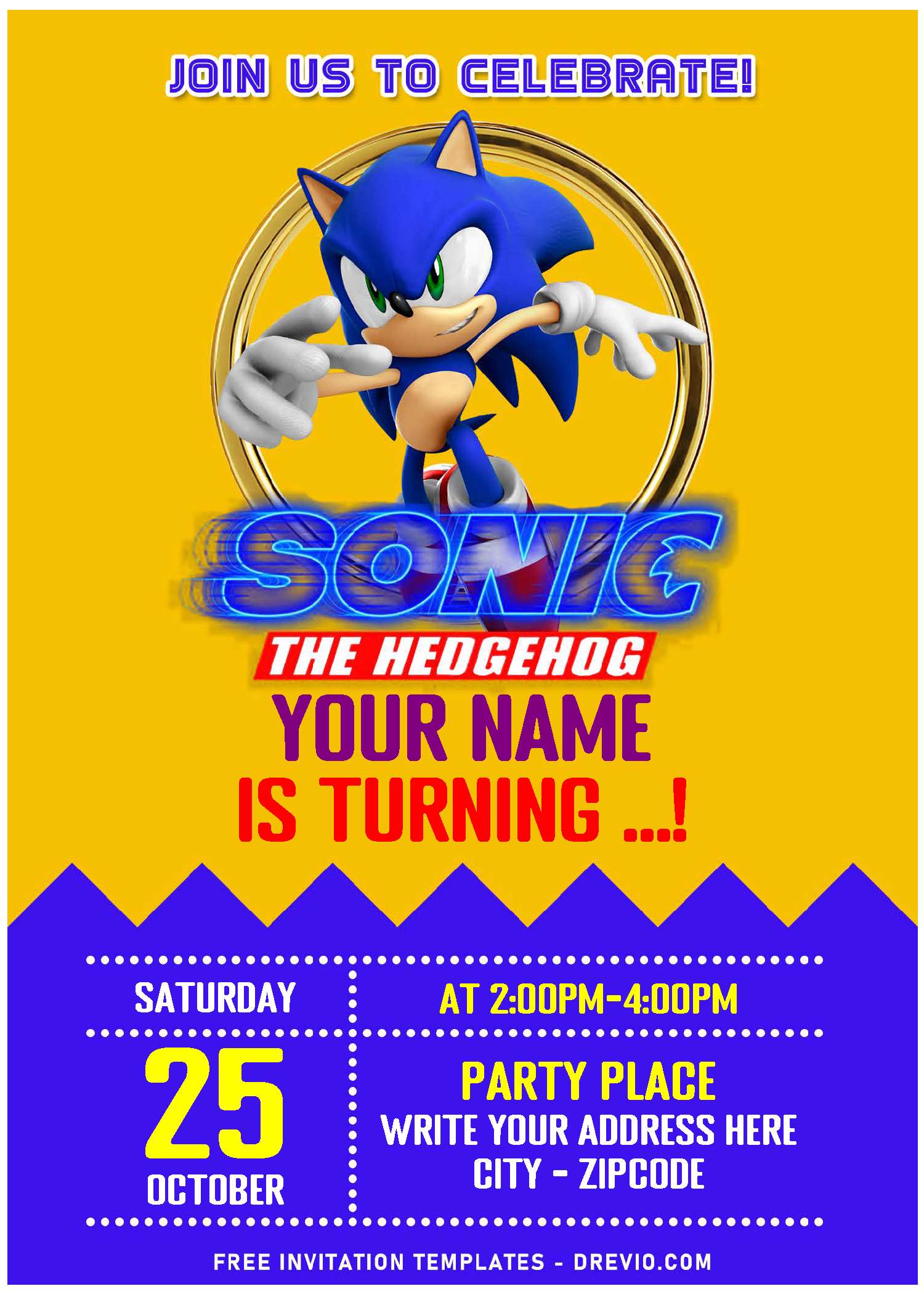 Free Editable PDF Sonic The Hedgehog Kids Birthday Invitation