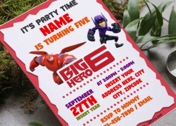 (Free Editable PDF) Adventure-Loving Baymax Big Hero 6 Birthday Invitation Templates with robot armor suit Hamada