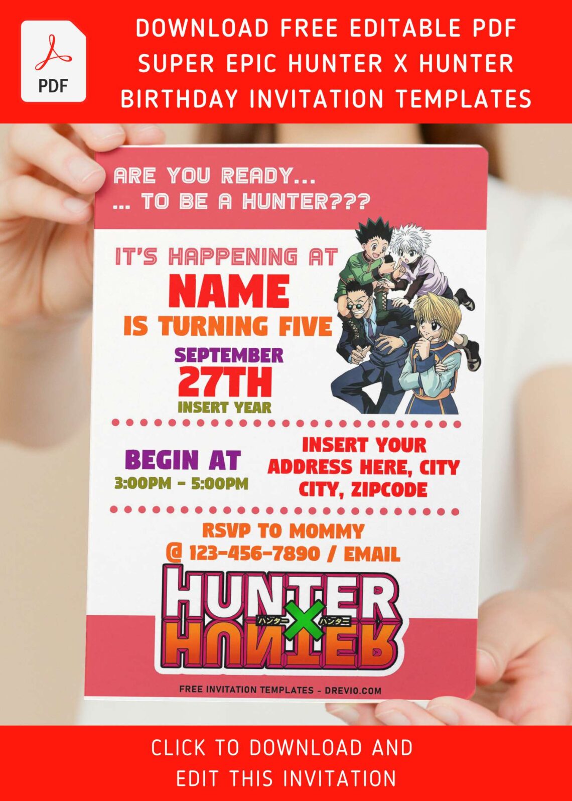 (Free Editable PDF) Cool Anime Hunter X Hunter Birthday Invitation Templates with Leorio and Kurapika