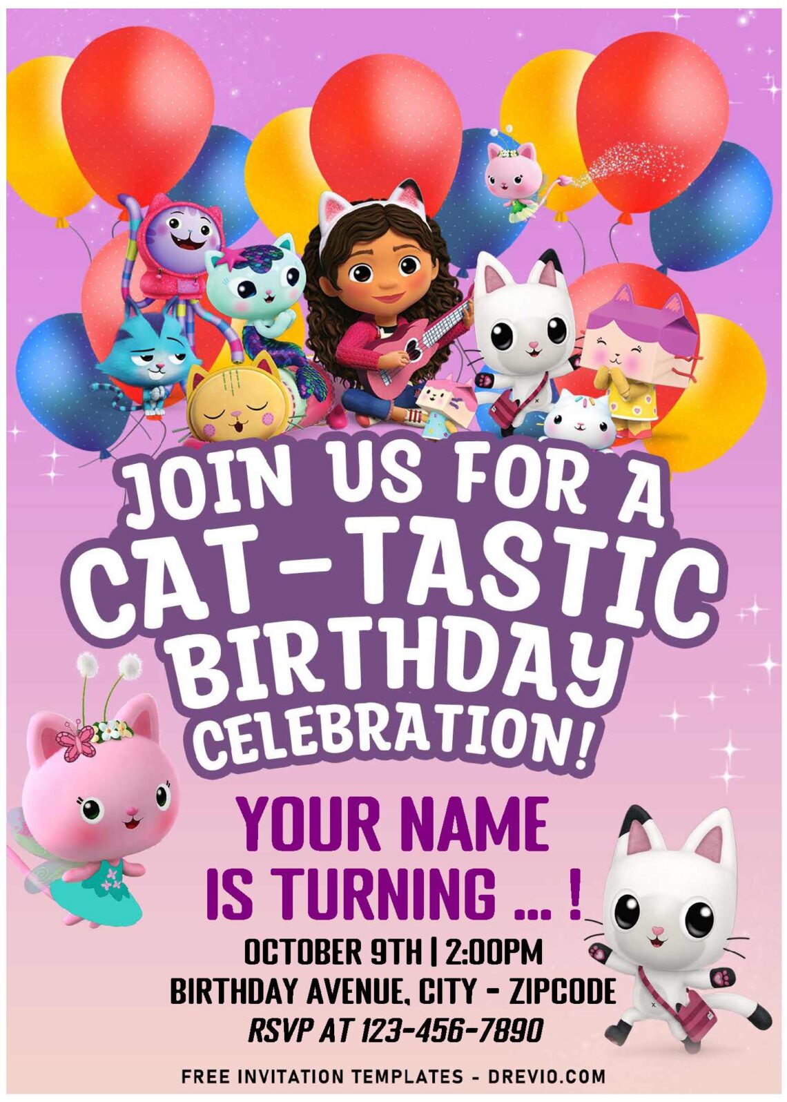 (Free Editable PDF) CAT-TASTIC Gabby's Dollhouse Birthday Invitation Templates with pink gradient background