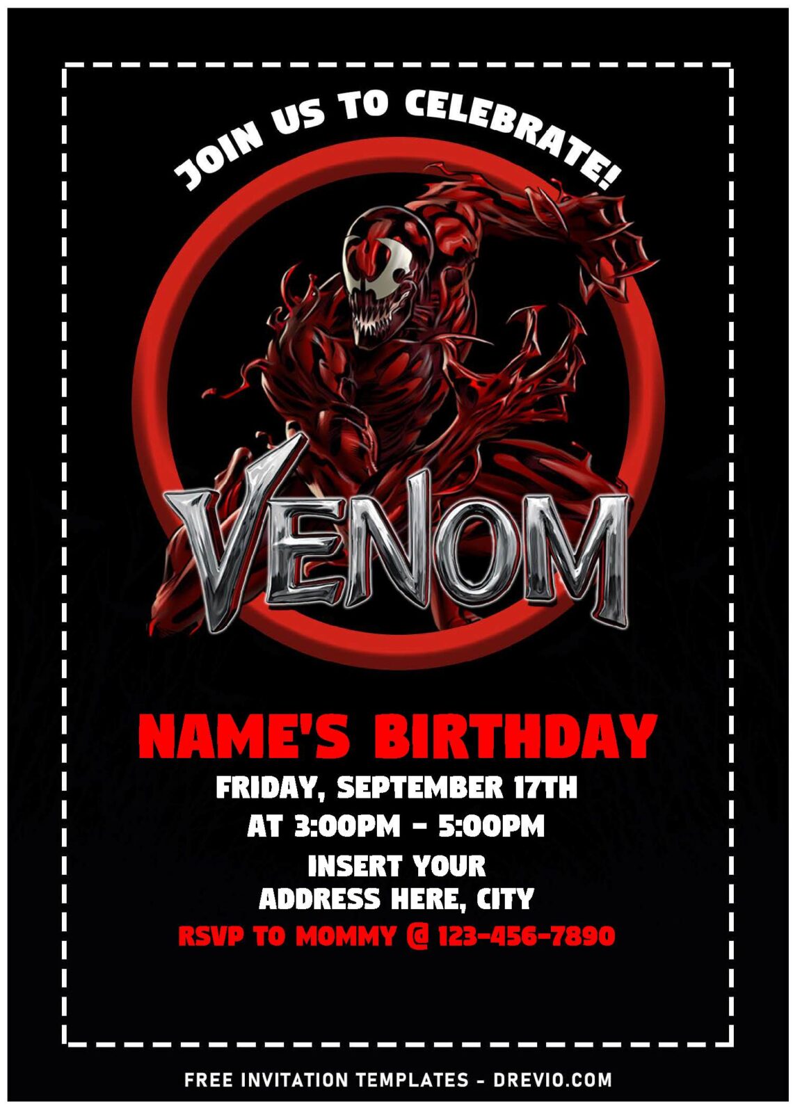 (Free Editable PDF) Venom Let There Be Carnage Birthday Invitation Templates with deep black background
