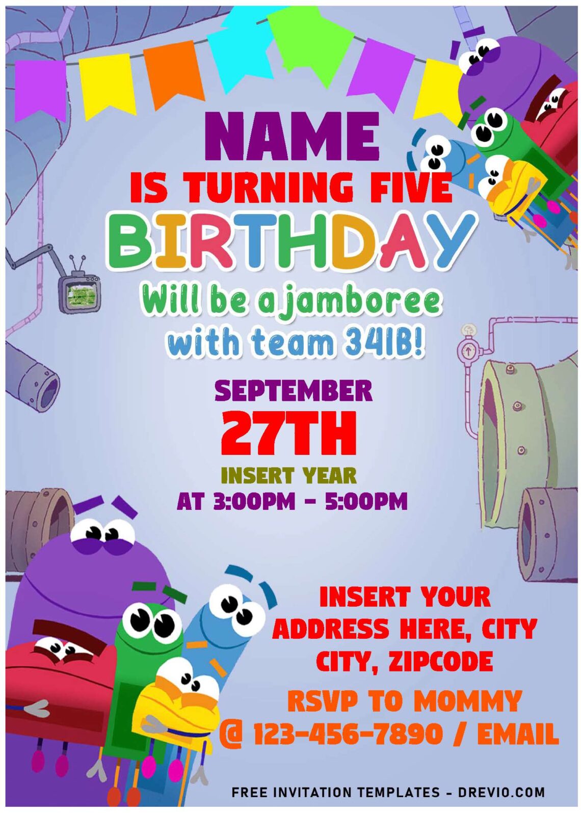 (Free Editable PDF) Friendly And Funny StoryBots Birthday Invitation Templates with adorable Red and purple bots