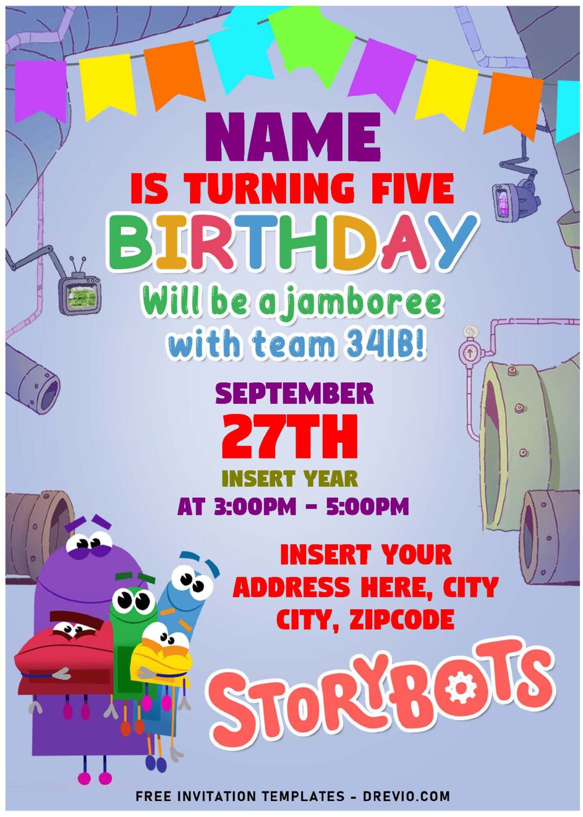 (Free Editable PDF) Friendly And Funny StoryBots Birthday Invitation Templates with cute Blue And Yellow bots