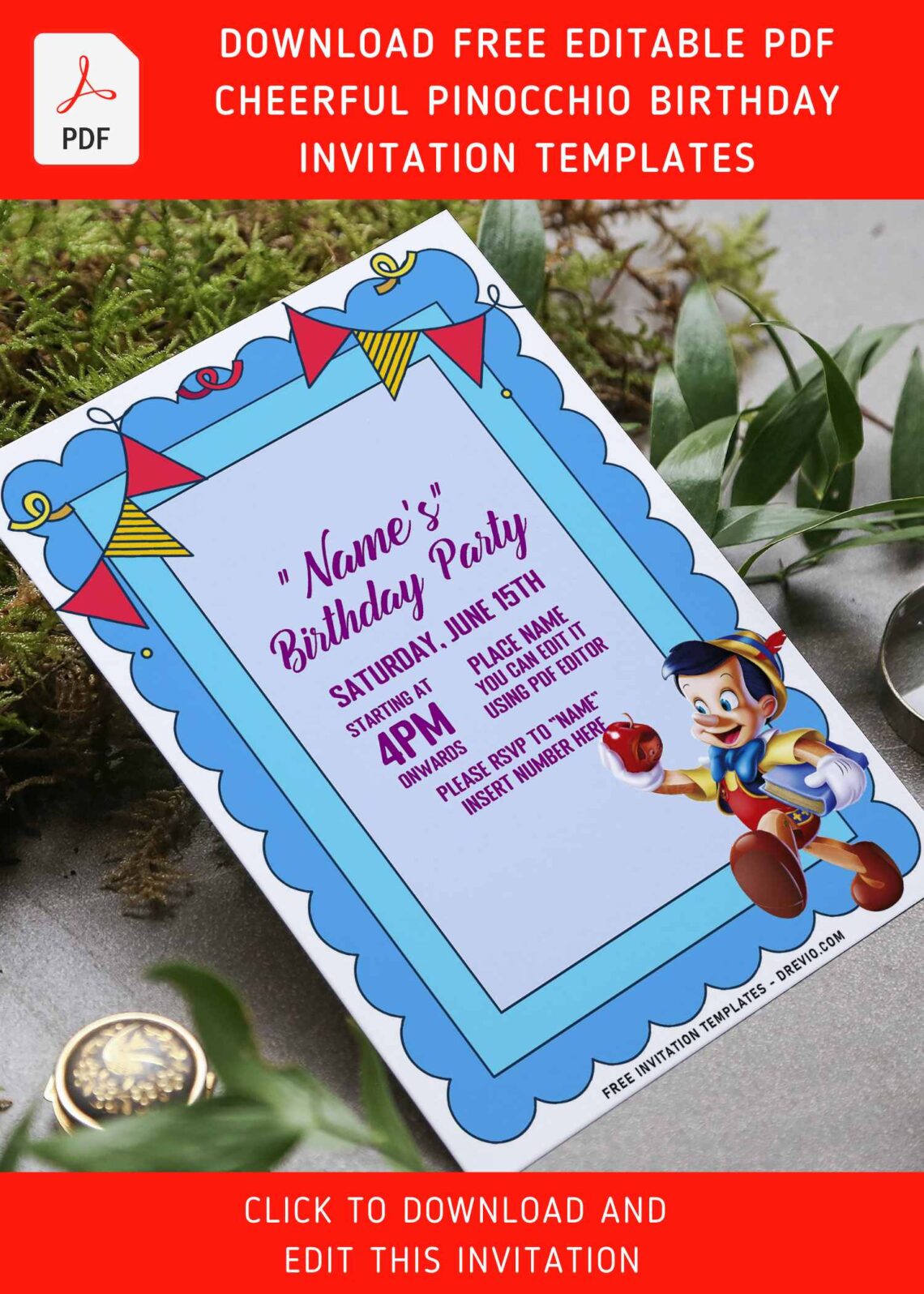 (Free Editable PDF) Cheerful Pinocchio Birthday Invitation Templates