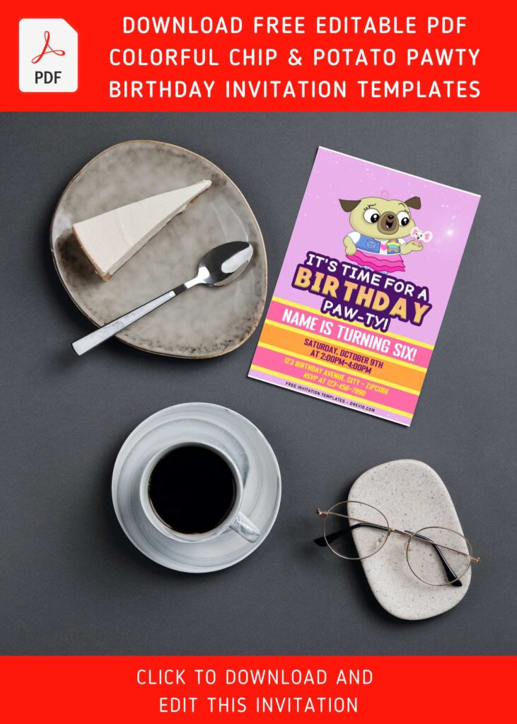 (Free Editable PDF) cute Chip And Potato Birthday Invitation Templates with cute baby pug