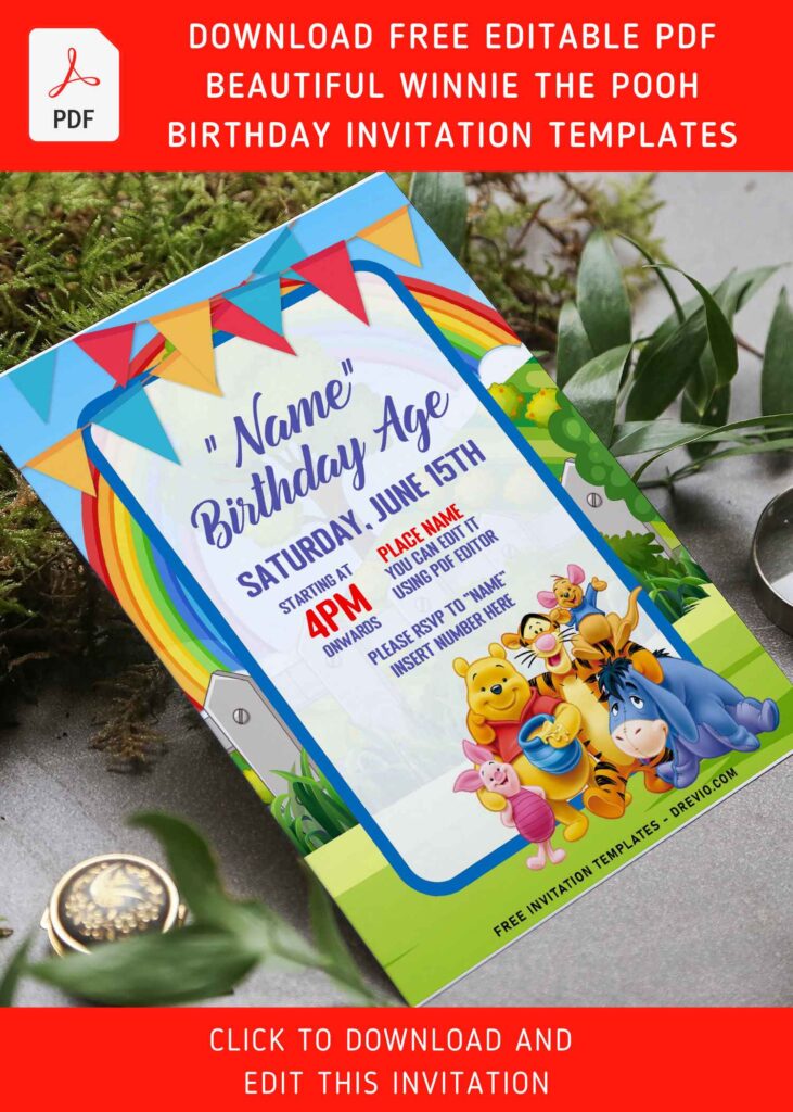 (Free Editable PDF) Rainbow Garden Winnie The Pooh Birthday Invitation Templates