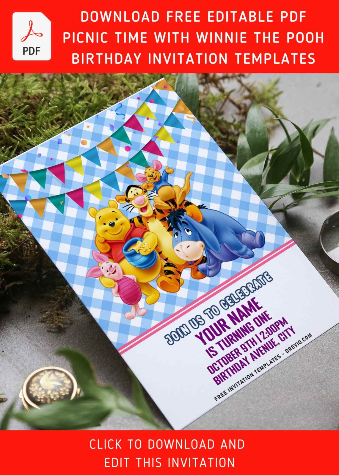 (Free Editable PDF) Fun Picnic Time Winnie The Pooh Birthday Invitation Templates