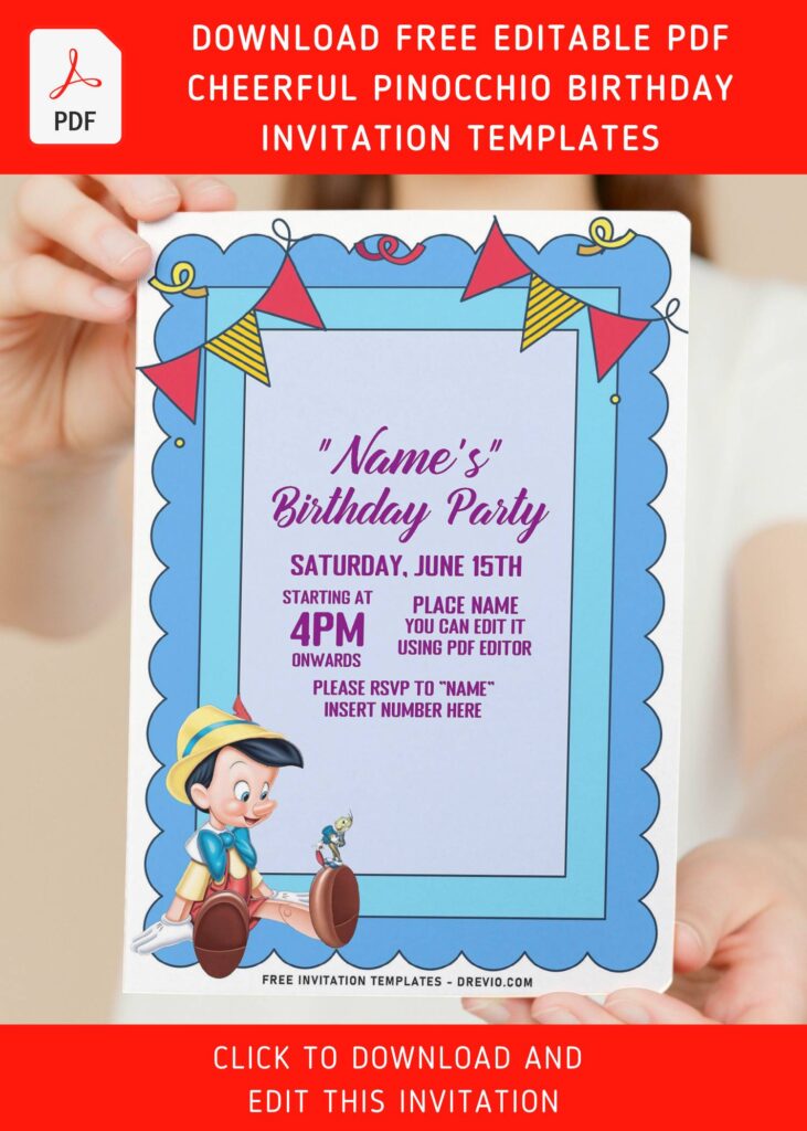 Invitation Template of (Free Editable PDF) Cheerful Pinocchio Birthday Invitation Templates 5