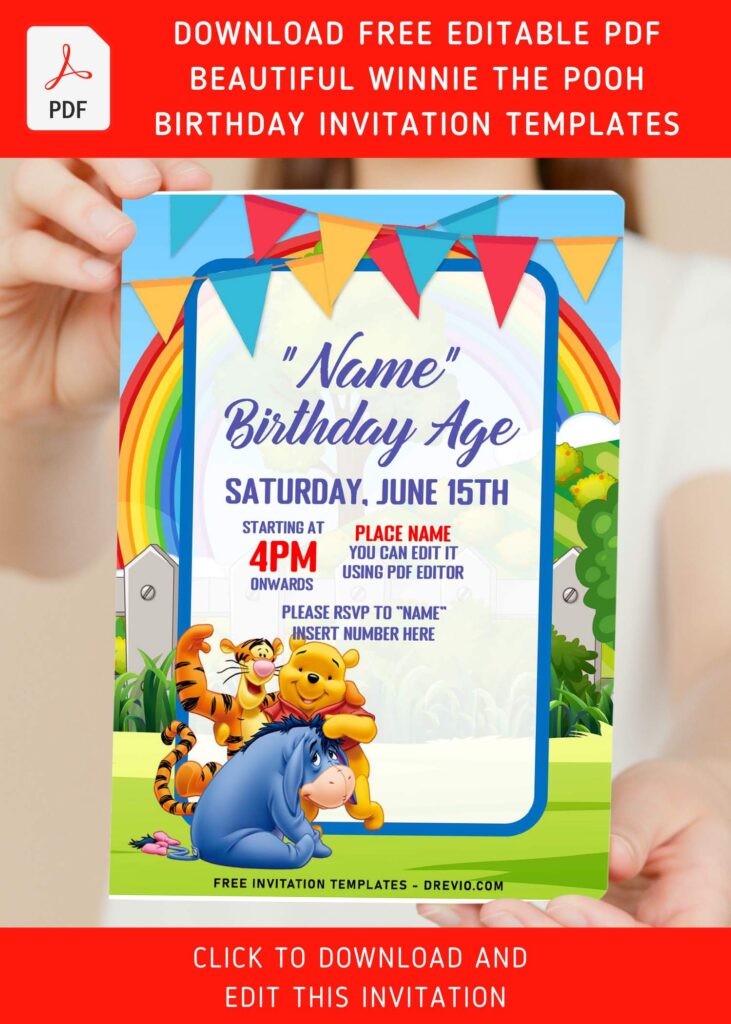 Invitation Template of (Free Editable PDF) Dreamy Rainbow Winnie The Pooh Birthday Invitation Templates 5