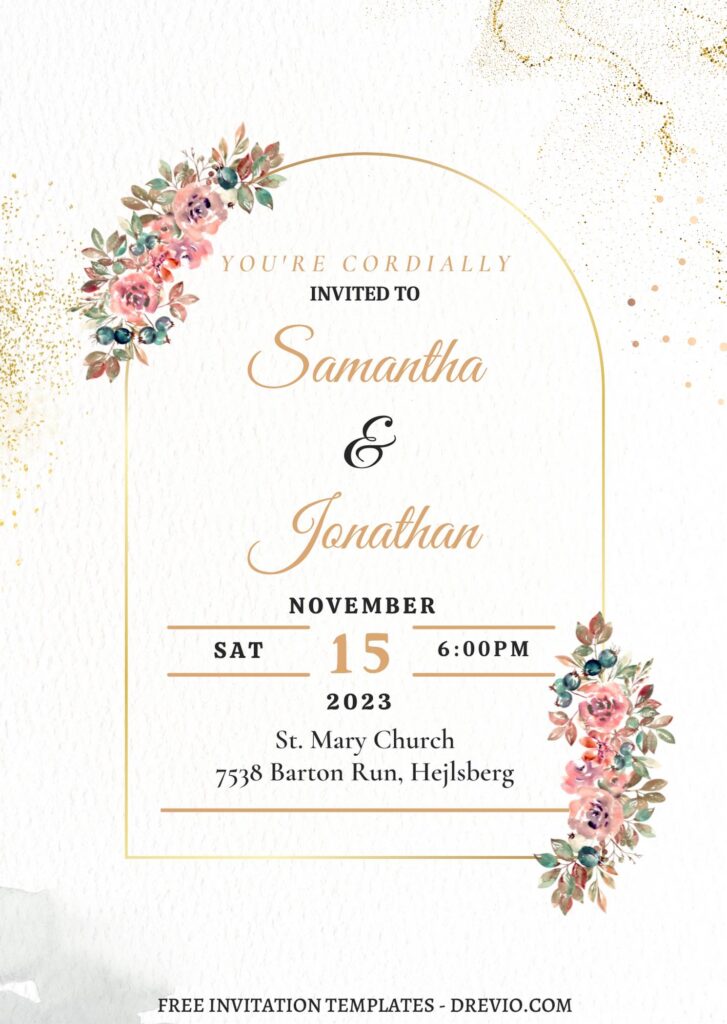 7+ Beautiful Autumn Floral And Gold Nuptials Invitation Templates with floral arch frame