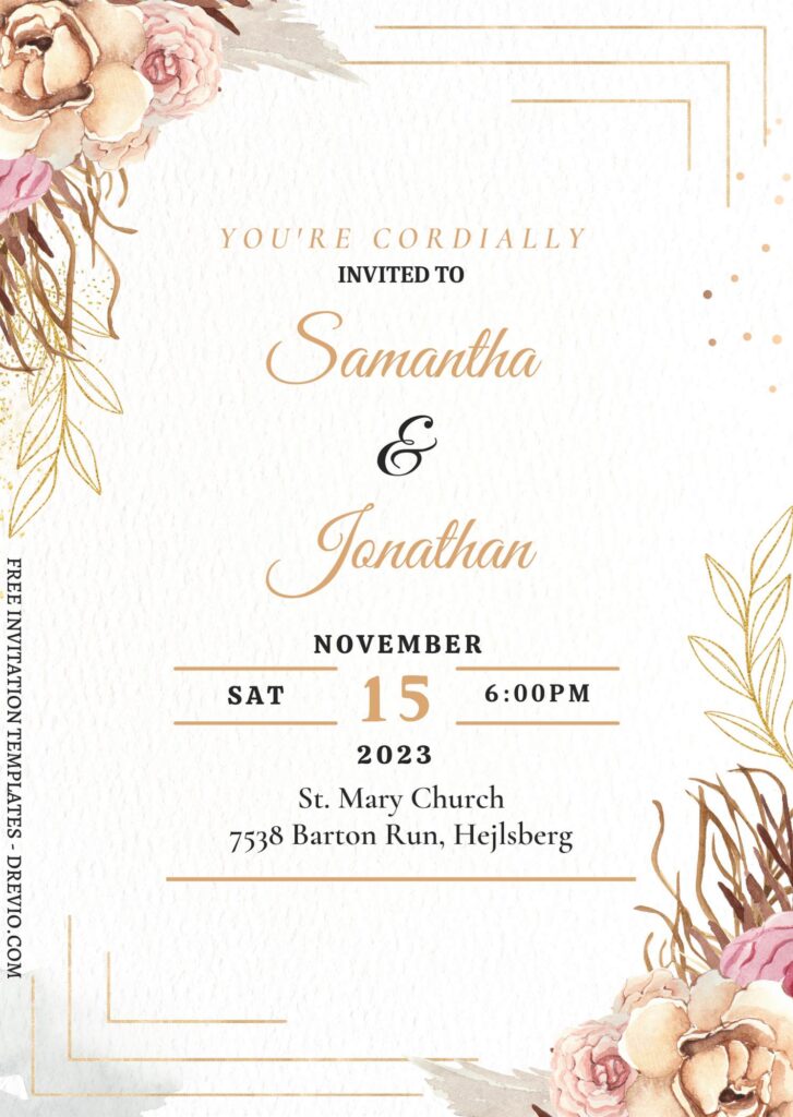 7+ Beautiful Autumn Floral And Gold Nuptials Invitation Templates with watercolor dried foliage