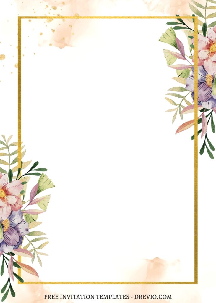 (Free) 8+ Whimsical Country Flower Canva Wedding Birthday Templates with gleaming gold foil text frame