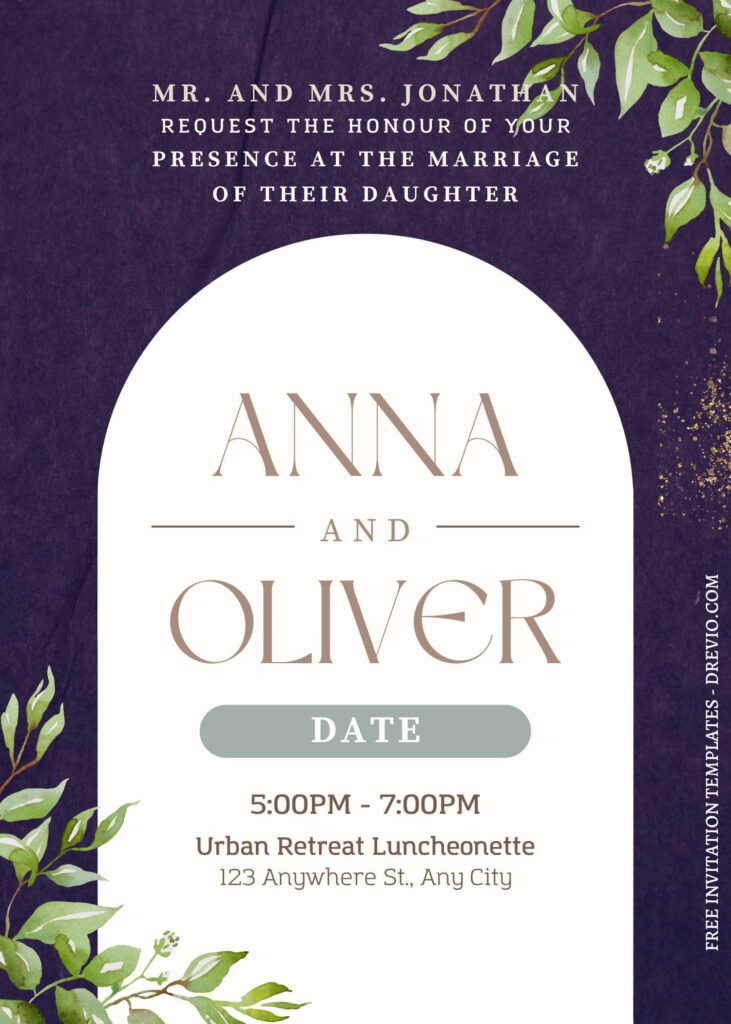 (Free) 9+ Muted Watercolor Eucalyptus Canva Wedding Invitation Templates with elegant arch text box