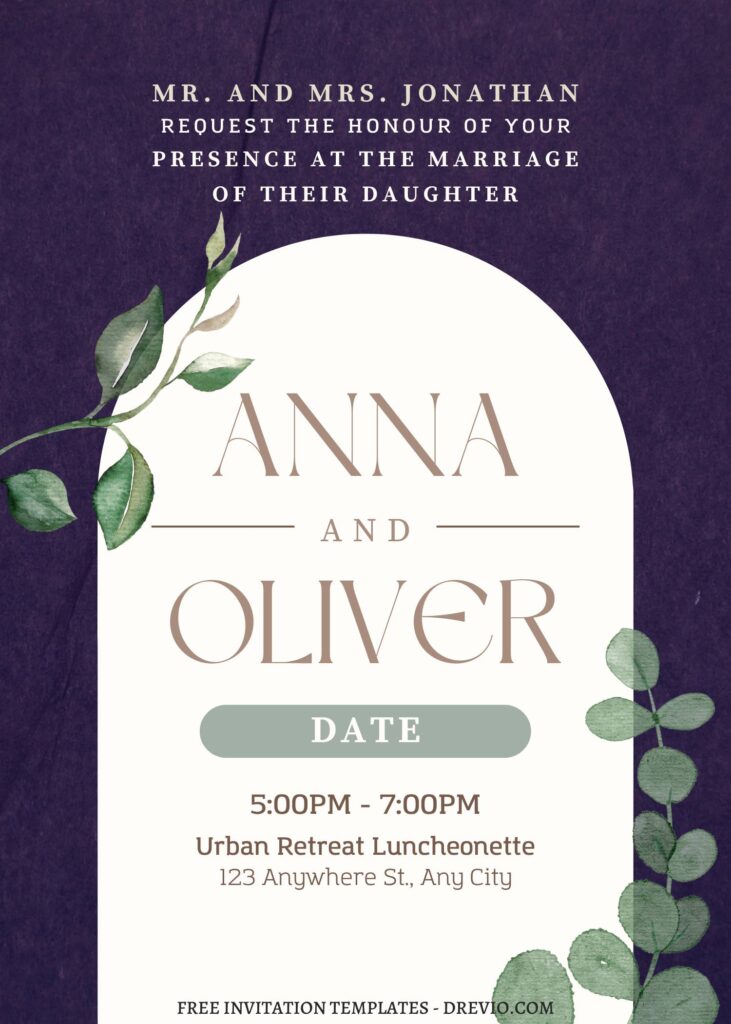 (Free) 9+ Muted Watercolor Eucalyptus Canva Wedding Invitation Templates with deep blue background layer