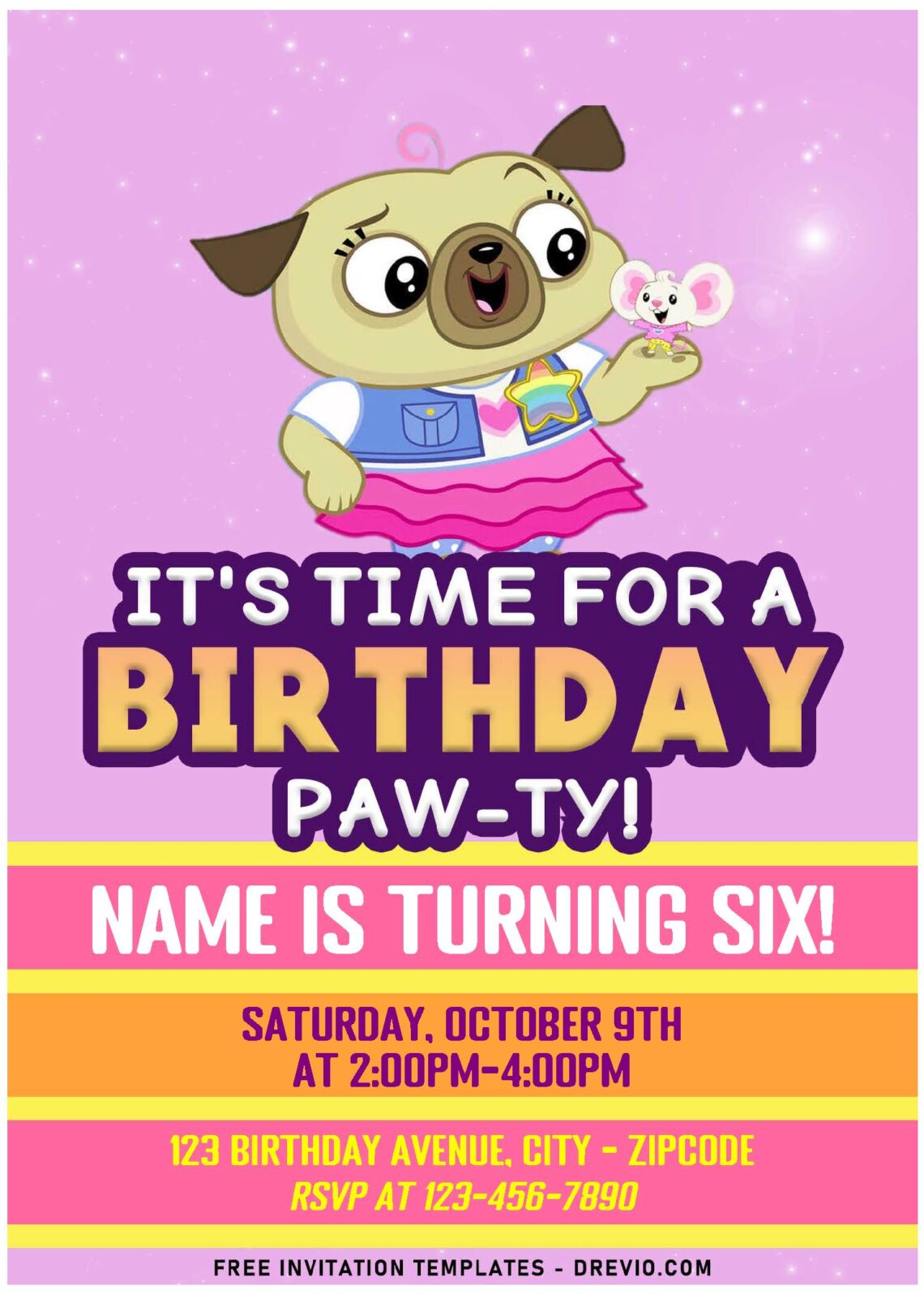 (Free Editable PDF) Lovable Pug Chip And Potato Birthday Invitation Templates with lovable pug and her mouse