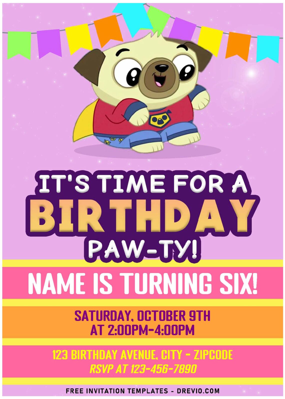 (Free Editable PDF) Lovable Pug Chip And Potato Birthday Invitation Templates with adorable pink background