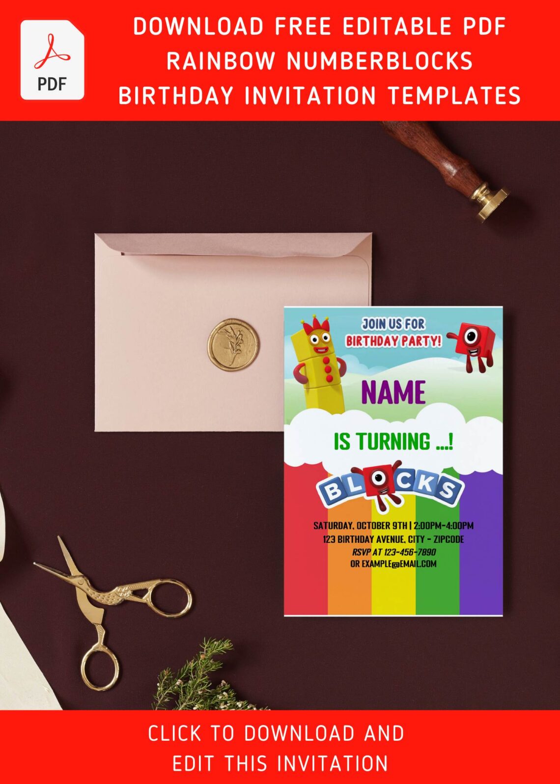 Free Editable Pdf Adorable Rainbow Numberblocks Birthday Invitation