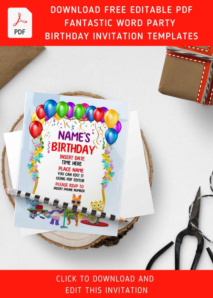 (Free Editable PDF) Cheerful Word Party First Birthday Invitation Templates with portrait design