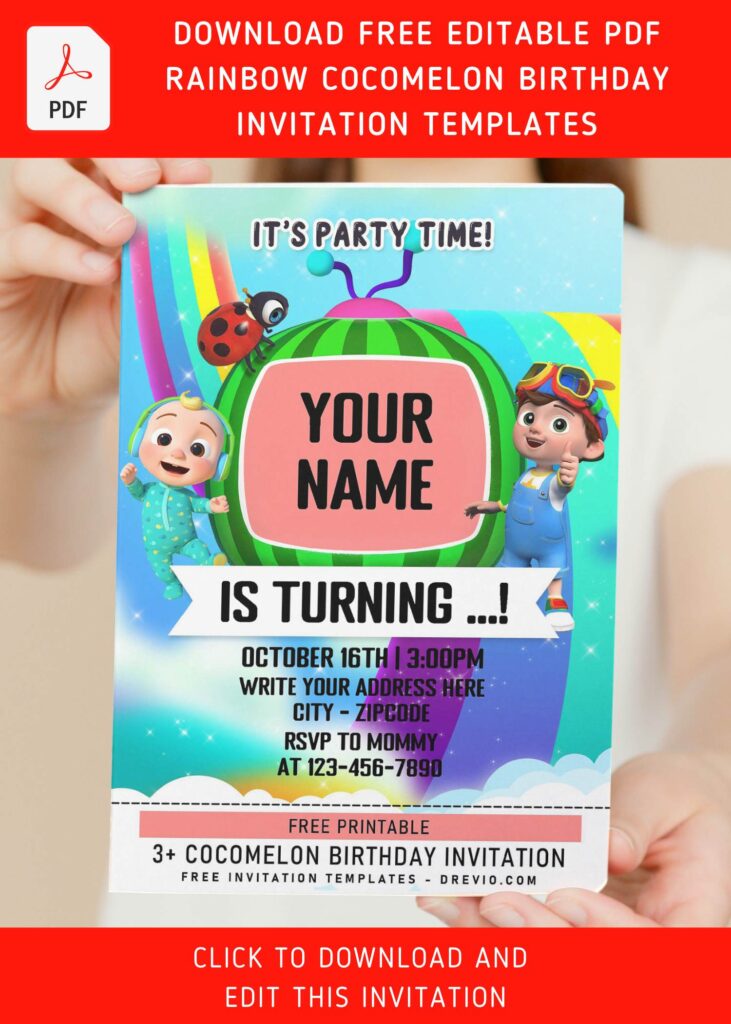 Invitation Template of (Free Editable PDF) Magical Rainbow Cocomelon Family Birthday Invitation Templates 7