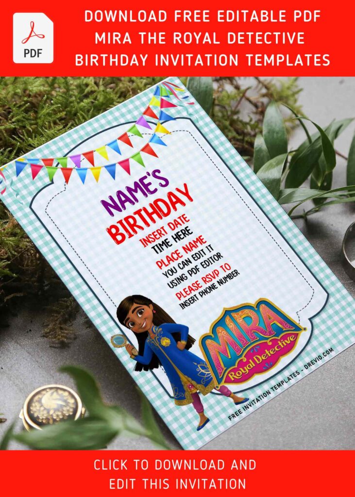 (Free Editable PDF) Curious Mira The Royal Detective Birthday Invitation Templates with colorful text