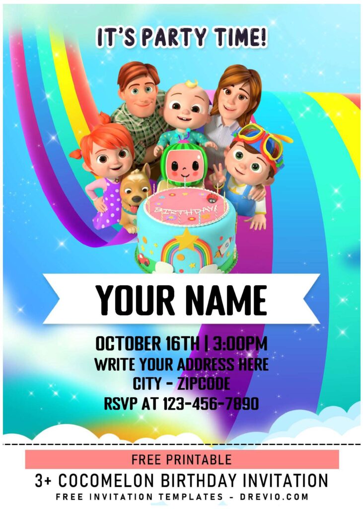 (Free Editable PDF) Magical Rainbow Cocomelon Family Birthday Invitation Templates with pink birthday cake