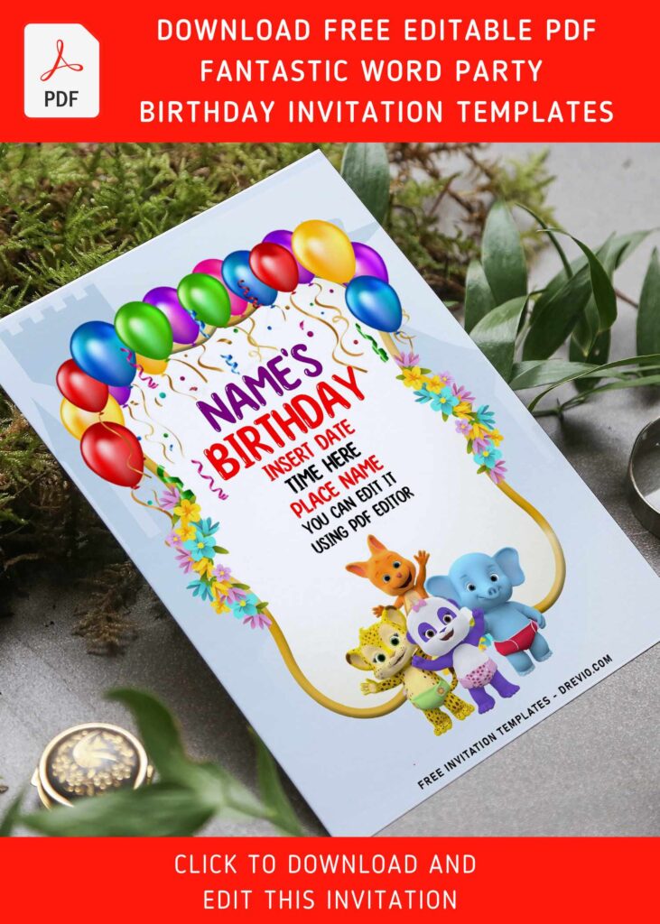 (Free Editable PDF) Cheerful Word Party First Birthday Invitation Templates with 