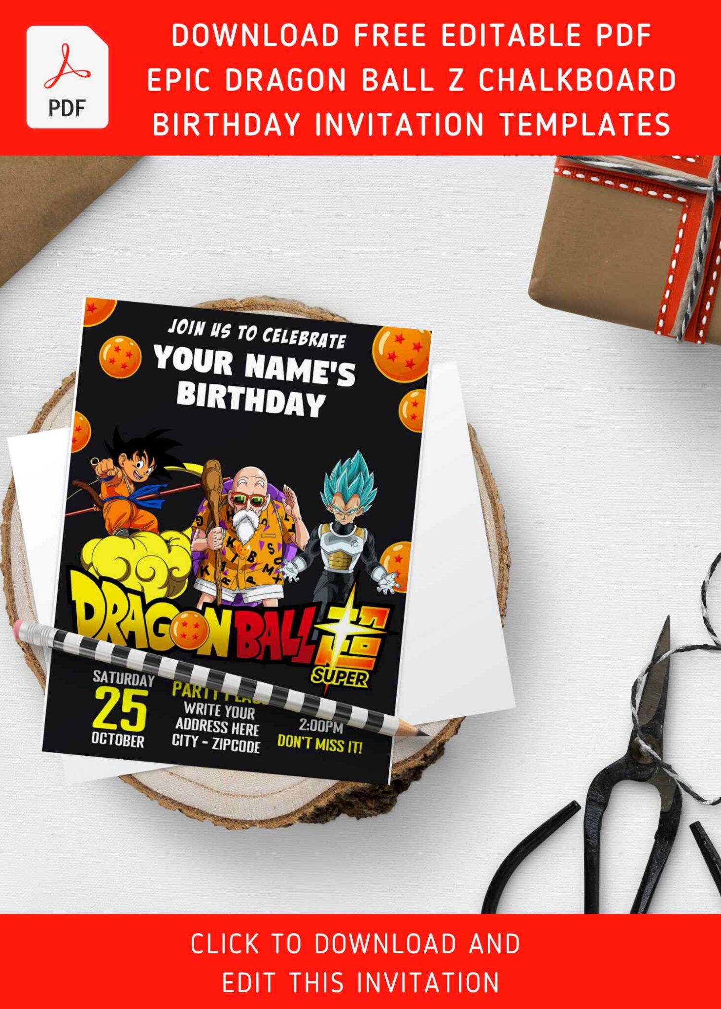 (Free Editable PDF) Chalkboard Dragon Ball Z Birthday Invitation ...