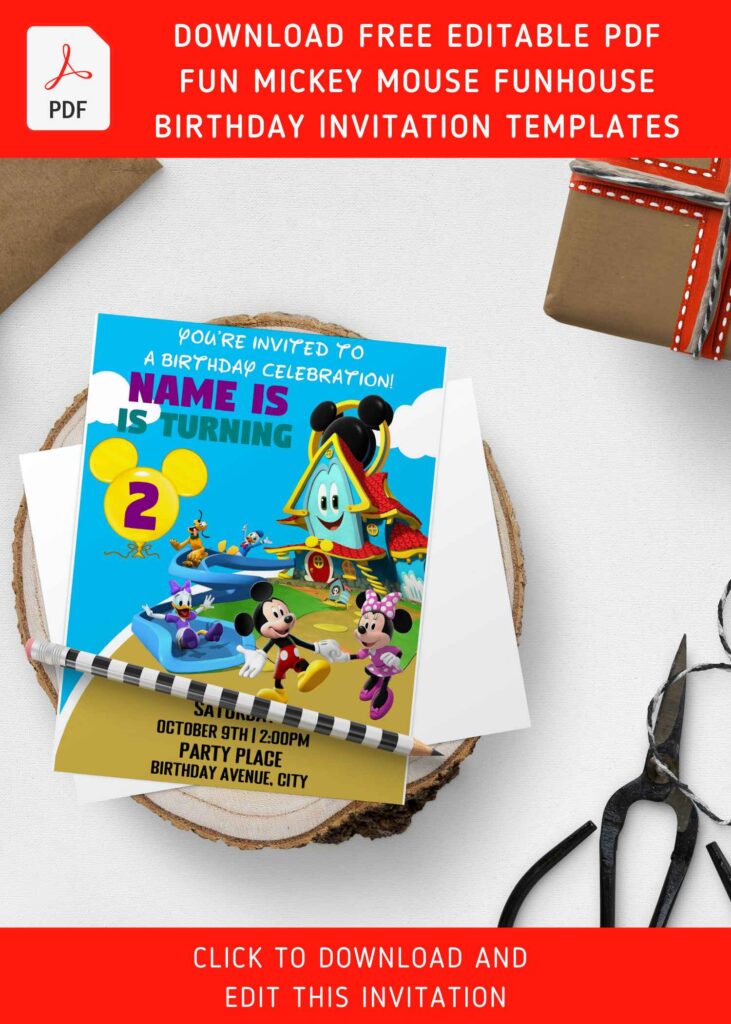 (Free Editable PDF) Ultimate Mickey Mouse Funhouse Birthday Invitation Templates with cute mickey ears