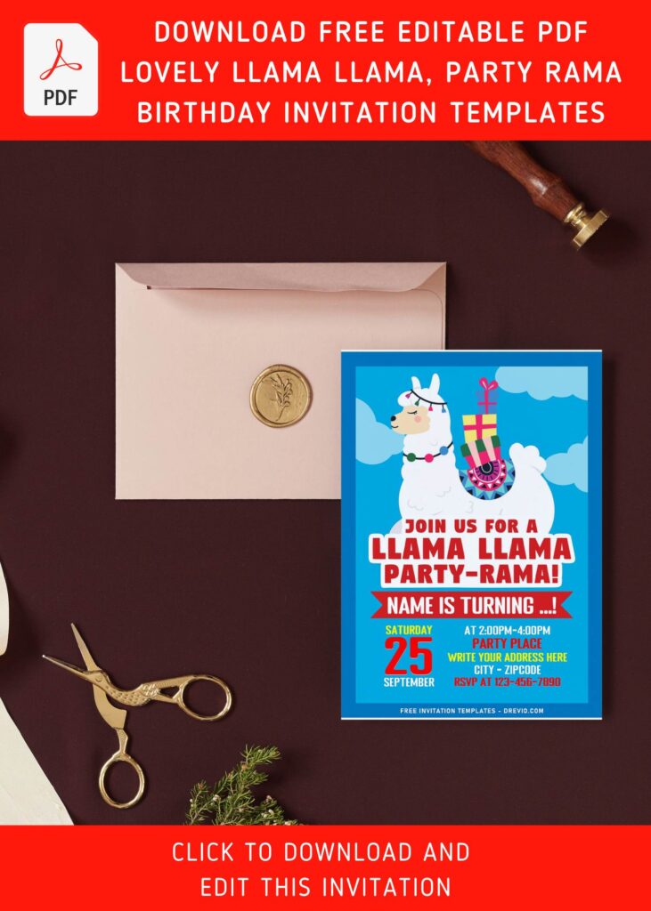 (Free Editable PDF) Lovely Llama Party-Rama Birthday Invitation Templates with cute birthday gift boxes