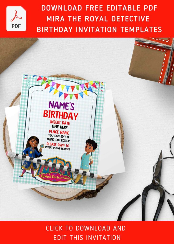 (Free Editable PDF) Curious Mira The Royal Detective Birthday Invitation Templates with cute wordings