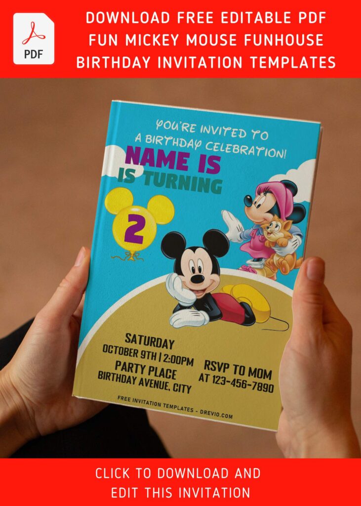 (Free Editable PDF) Ultimate Mickey Mouse Funhouse Birthday Invitation Templates with white clouds