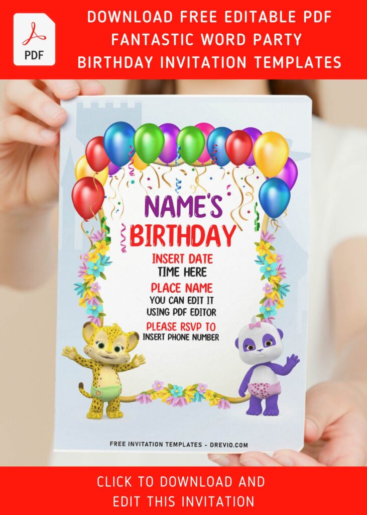 (Free Editable PDF) Cheerful Word Party First Birthday Invitation Templates with Princess castle background